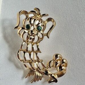 Vintage Avon Gold Dog Brooch with Green Eyes